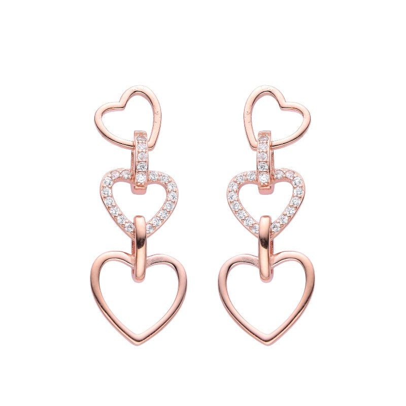 Aretes Colgantes para Dama, Corazones de Luz – Plata 925 con baño de oro rosado
