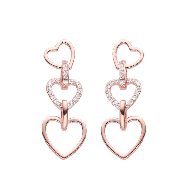 Aretes Colgantes para Dama, Corazones de Luz – Plata 925 con baño de oro rosado