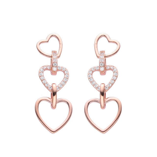 Aretes Colgantes para Dama, Corazones de Luz – Plata 925 con baño de oro rosado