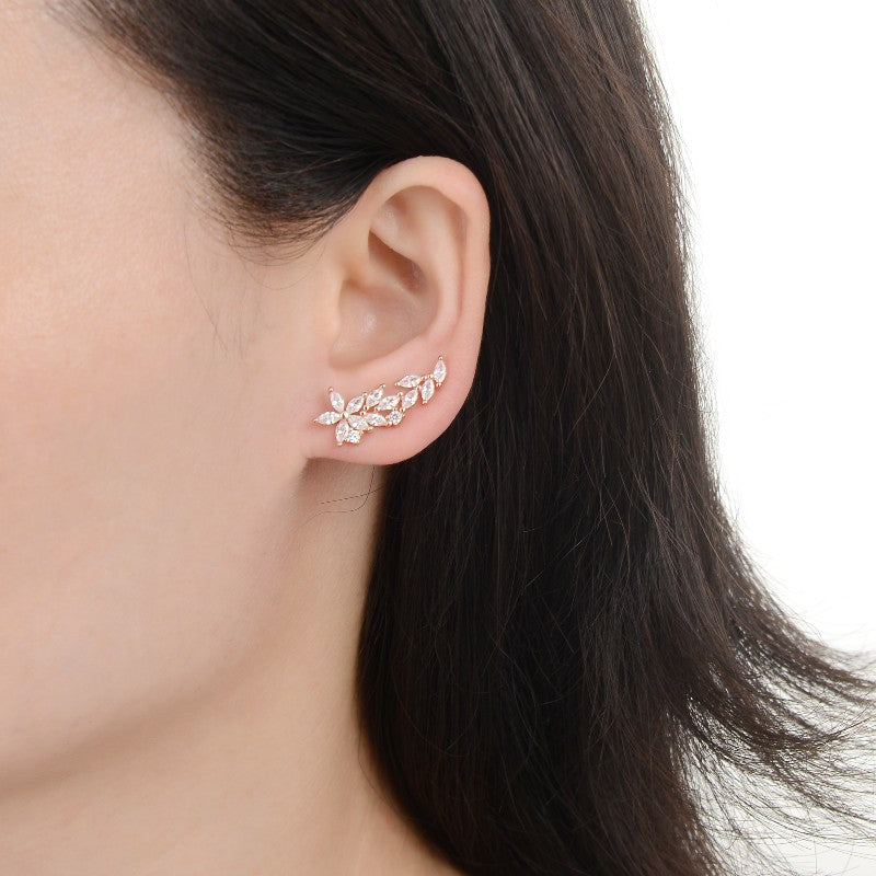 Aretes Tipo trepador Flor de Espiga – Plata 925 con baño en oro rosado